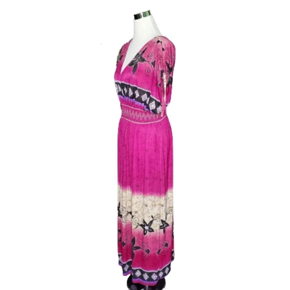 jessica Taylor Pink Floral Pullover V-Neck Back Smocked Waist Midi Dress Large - Picture 4 of 7